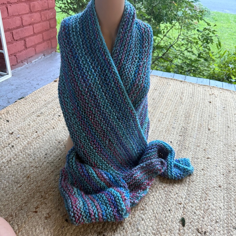 Handmade Knit Shawl Wrap Multi-Color Blue Purple‎ Garter Stitch Oversized Scarf